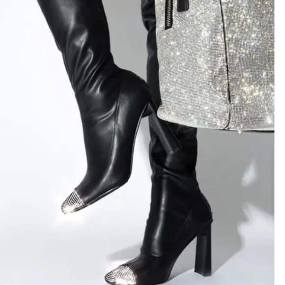 Black Rhinestone Closed Toe Thigh High Heels Boots - Picture 4 of 7